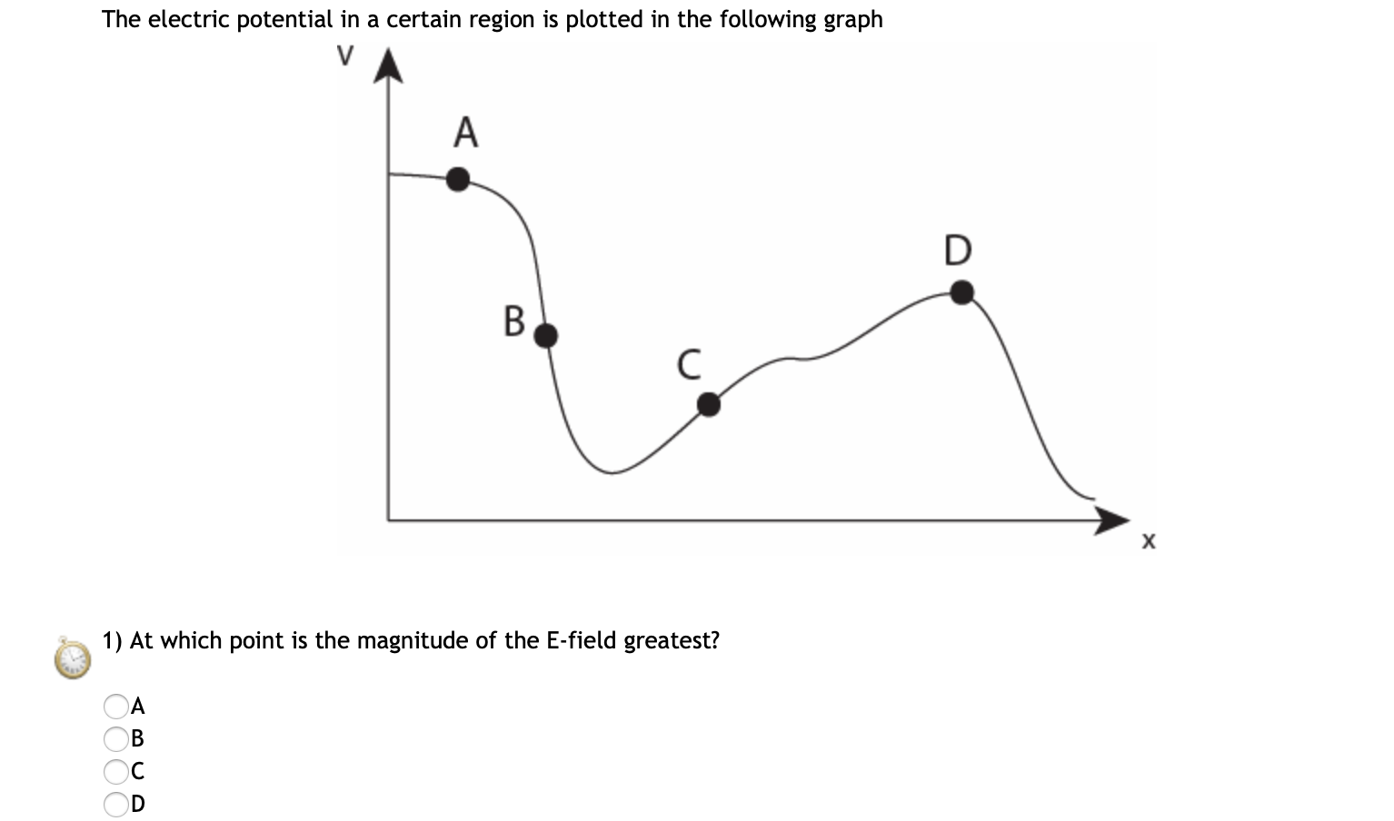 The electric potential in a certain region is plotted in the following graph
D
B.
х
1) At which point is the magnitude of the E-field greatest?
OD
