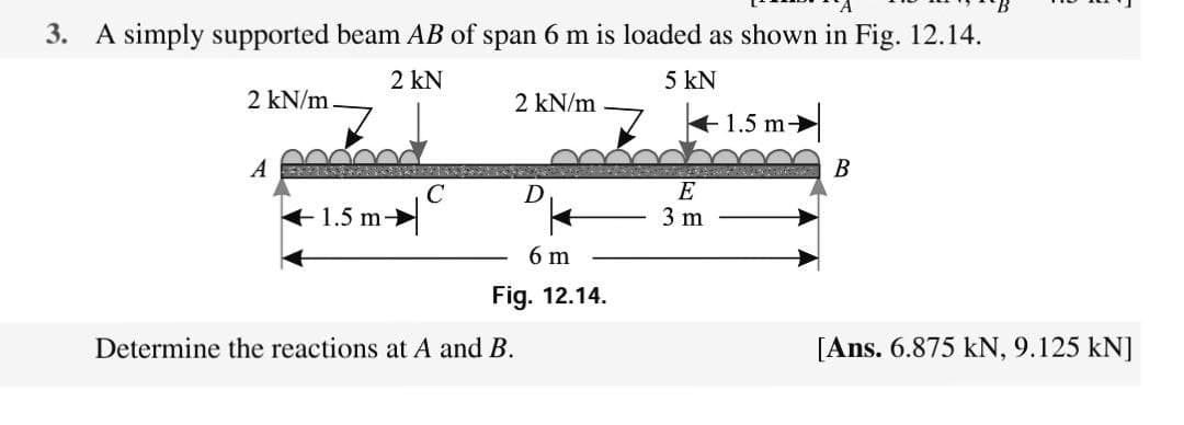 3. A simply supported beam AB of span 6 m is loaded as shown in Fig. 12.14.
2 kN
5 kN
2 kN/m
2 kN/m
1.5 m-
A
B
E
3 m
C
1.5 m
6 m
Fig. 12.14.
Determine the reactions at A and B.
[Ans. 6.875 kN, 9.125 kN]
