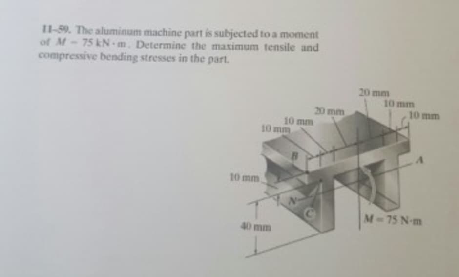 11-59. The aluminum machine part is subjected to a moment
of M-75 kN-m. Determine the maximum tensile and
compressive bending stresses in the part.
10 mm
10 mm,
10 mm
40 mm
B
20 mm
10 mm
10 mm
M-75 N·m