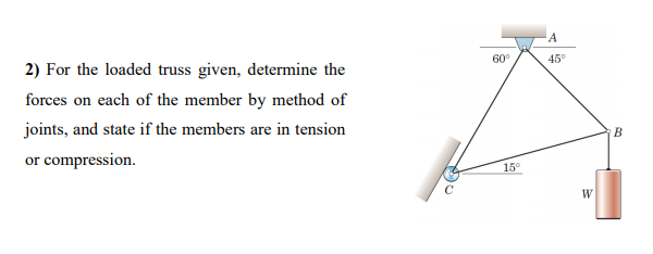 60°
45°
2) For the loaded truss given, determine the
forces on each of the member by method of
joints, and state if the members are in tension
B
or compression.
15°
W
