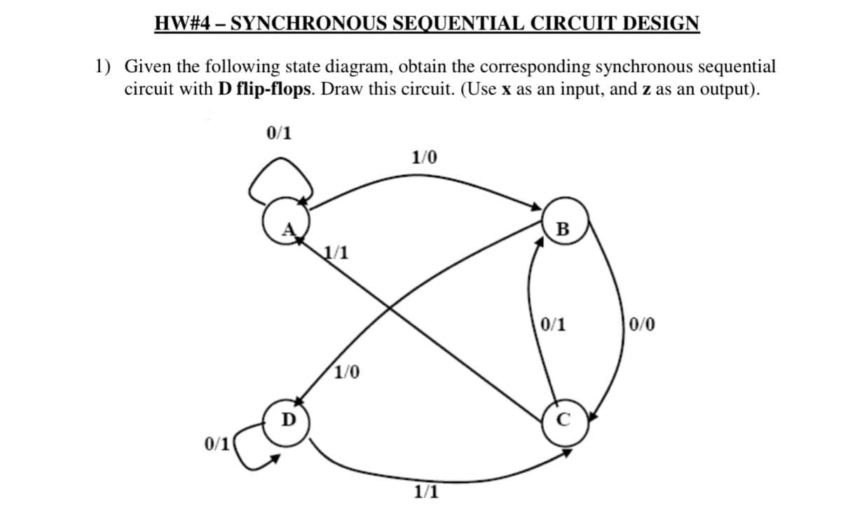HW#4 – SYNCHRONOUS SEQUENTIAL CIRCUIT DESIGN
1) Given the following state diagram, obtain the corresponding synchronous sequential
circuit with D flip-flops. Draw this circuit. (Use x as an input, and z as an output).
0/1
1/0
B
0/1
0/0
1/0
0/1
1/1
