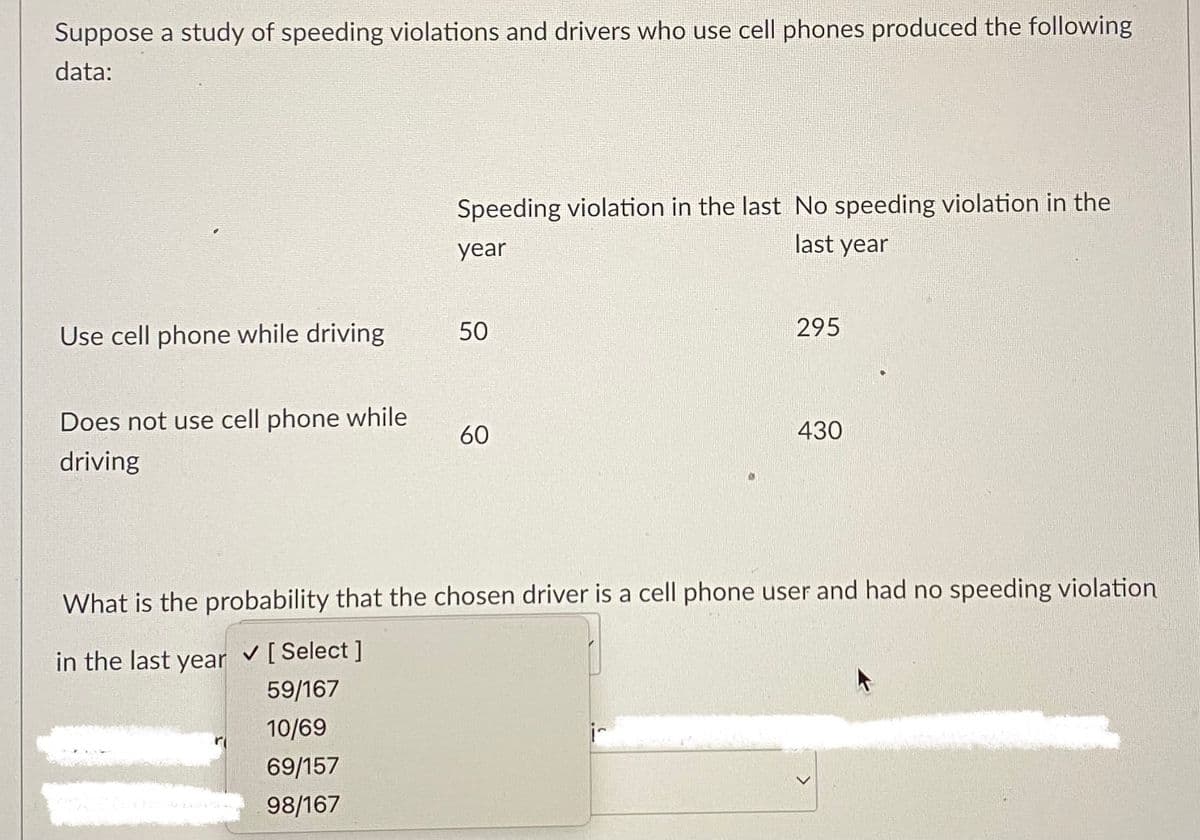 Suppose a study of speeding violations and drivers who use cell phones produced the following
data:
Use cell phone while driving
Does not use cell phone while
driving
Speeding violation in the last No speeding violation in the
last year
year
50
60
295
is
430
What is the probability that the chosen driver is a cell phone user and had no speeding violation
in the last year
✓ [Select]
59/167
10/69
69/157
98/167