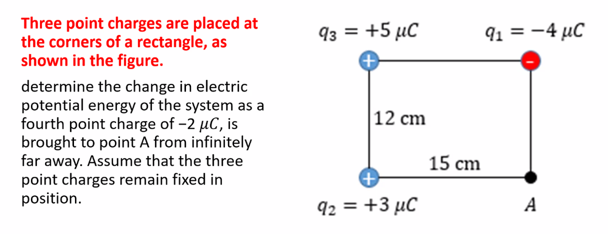 Three point charges are placed at
the corners of a rectangle, as
shown in the figure.
determine the change in electric
potential energy of the system as a
fourth point charge of -2 μC, is
brought to point A from infinitely
far away. Assume that the three
point charges remain fixed in
position.
93 = +5 μC
12 cm
+
q2 = +3 μC
15 cm
9₁ = -4 μC
A
