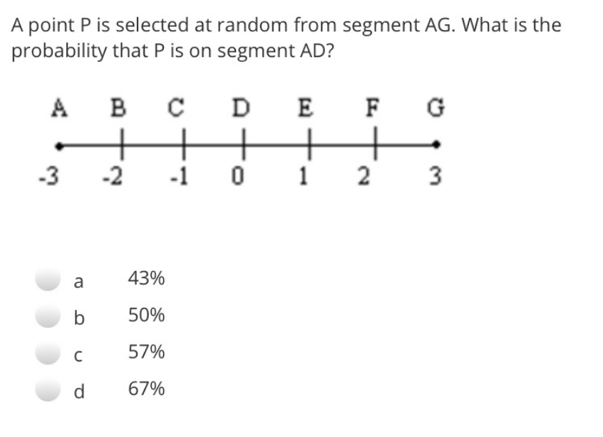 A point P is selected at random from segment AG. What is the
probability that P is on segment AD?
в с
D E
F G
+
2 3
A
B
-3
-2
-1
1
a
43%
b
50%
57%
d
67%
