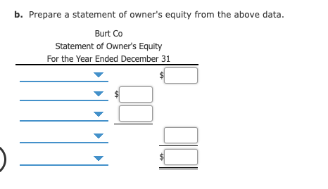 b. Prepare a statement of owner's equity from the above data.
Burt Co
Statement of Owner's Equity
For the Year Ended December 31
