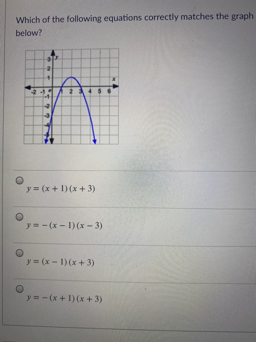 Which of the following equations correctly matches the graph
below?
2
1.
2-10
4 5
-2
-3
y = (x+ 1) (x + 3)
y = - (x - 1) (x - 3)
y = (x- 1) (x + 3)
y = - (x+ 1) (x + 3)
