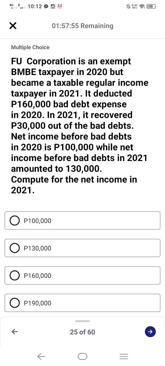 4G E 10:12 O O &
01:57:55 Remaining
Multiple Choice
FU Corporation is an exempt
BMBE taxpayer in 2020 but
became a taxable regular income
taxpayer in 2021. It deducted
P160,000 bad debt expense
in 2020. In 2021, it recovered
P30,000 out of the bad debts.
Net income before bad debts
in 2020 is P100,000 while net
income before bad debts in 2021
amounted to 130,000.
Compute for the net income in
2021.
P100,000
P130,000
P160,000
P190,000
25 of 60
