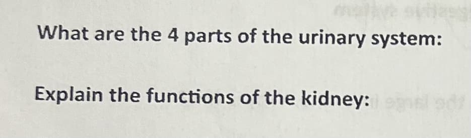 What are the 4 parts of the urinary system:
Explain the functions of the kidney: ad