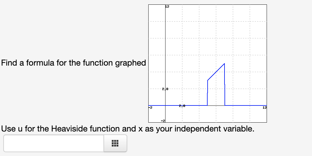 12
Find a formula for the function graphed
2.0
2.0
-2
12
Use u for the Heaviside function and x as your independent variable.
...
...
