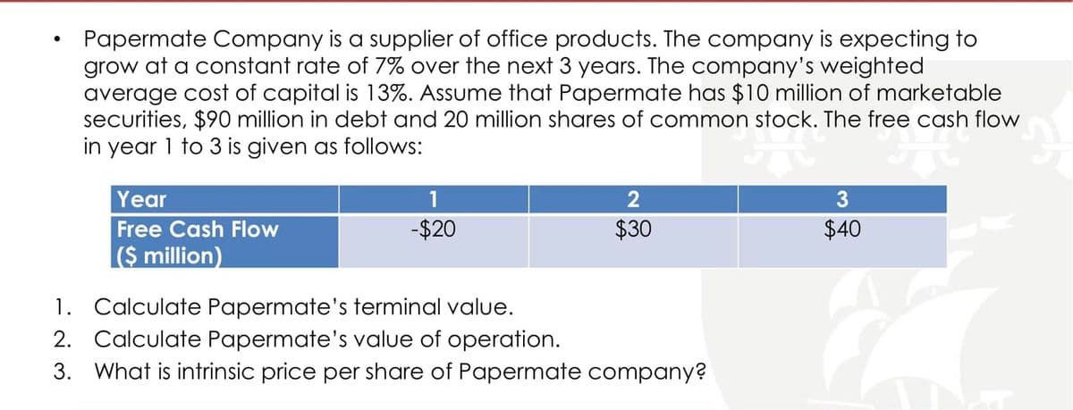 Papermate Company is a supplier of office products. The company is expecting to
grow at a constant rate of 7% over the next 3 years. The company's weighted
average cost of capital is 13%. Assume that Papermate has $10 million of marketable
securities, $90 million in debt and 20 million shares of common stock. The free cash flow
in year 1 to 3 is given as follows:
Year
Free Cash Flow
($ million)
1
-$20
2
$30
1.
Calculate Papermate's terminal value.
2. Calculate Papermate's value of operation.
3. What is intrinsic price per share of Papermate company?
3
$40