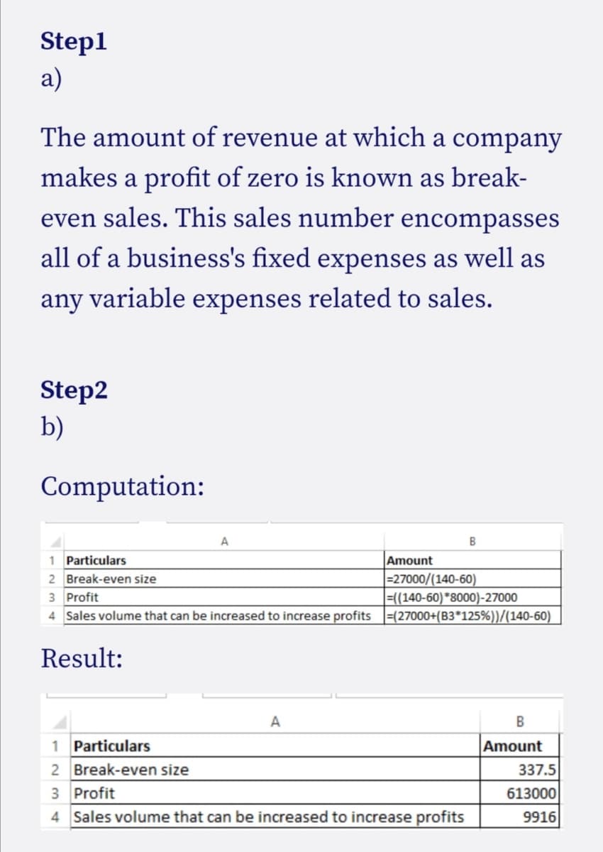 Stepl
a)
The amount of revenue at which a company
makes a profit of zero is known as break-
even sales. This sales number encompasses
all of a business's fixed expenses as well as
any variable expenses related to sales.
Step2
b)
Computation:
A
1 Particulars
Amount
=27000/(140-60)
=((140-60) *8000)-27000
4 Sales volume that can be increased to increase profits (27000+(B3*125%))/(140-60)
2 Break-even size
3 Profit
Result:
В
1 Particulars
Amount
2 Break-even size
337.5
3 Profit
4 Sales volume that can be increased to increase profits
613000
9916
