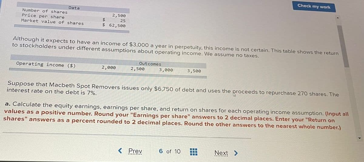 Check my work
Data
Number of shares
Price per share
Market value of shares
2,500
%24
$ 62,500
25
Although it expects to have an income of $3,000 a year in perpetuity, this income is not certain. This table shows the return
to stockholders under different assumptions about operating income. We assume no taxes.
Outcomes
Operating income ($)
2,000
2,500
3,000
3,500
Suppose that Macbeth Spot Removers issues only $6,750 of debt and uses the proceeds to repurchase 270 shares. The
interest rate on the debt is 7%.
a. Calculate the equity earnings, earnings per share, and return on shares for each operating income assumption. (Input all
values as a positive number. Round your "Earnings per share" answers to 2 decimal places. Enter your "Return on
shares" answers as a percent rounded to 2 decimal places. Round the other answers to the nearest whole number.)
Prev
6 of 10
Next >
