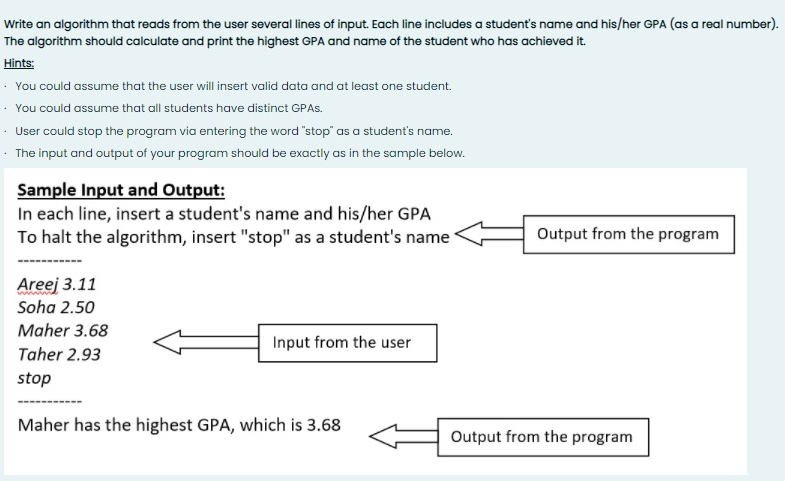 Write an algorithm that reads from the user several lines of input. Each line includes a student's name and his/her GPA (as a real number).
The algorithm should calculate and print the highest GPA and name of the student who has achieved it.
Hints:
· You could assume that the user will insert valid data and at least one student.
· You could assume that all students have distinct GPAS.
· User could stop the program via entering the word "stop" as a student's name.
· The input and output of your program should be exactly as in the sample below.
Sample Input and Output:
In each line, insert a student's name and his/her GPA
To halt the algorithm, insert "stop" as a student's name
Output from the program
Areej 3.11
Soha 2.50
Maher 3.68
Input from the user
Taher 2.93
stop
Maher has the highest GPA, which is 3.68
Output from the program
