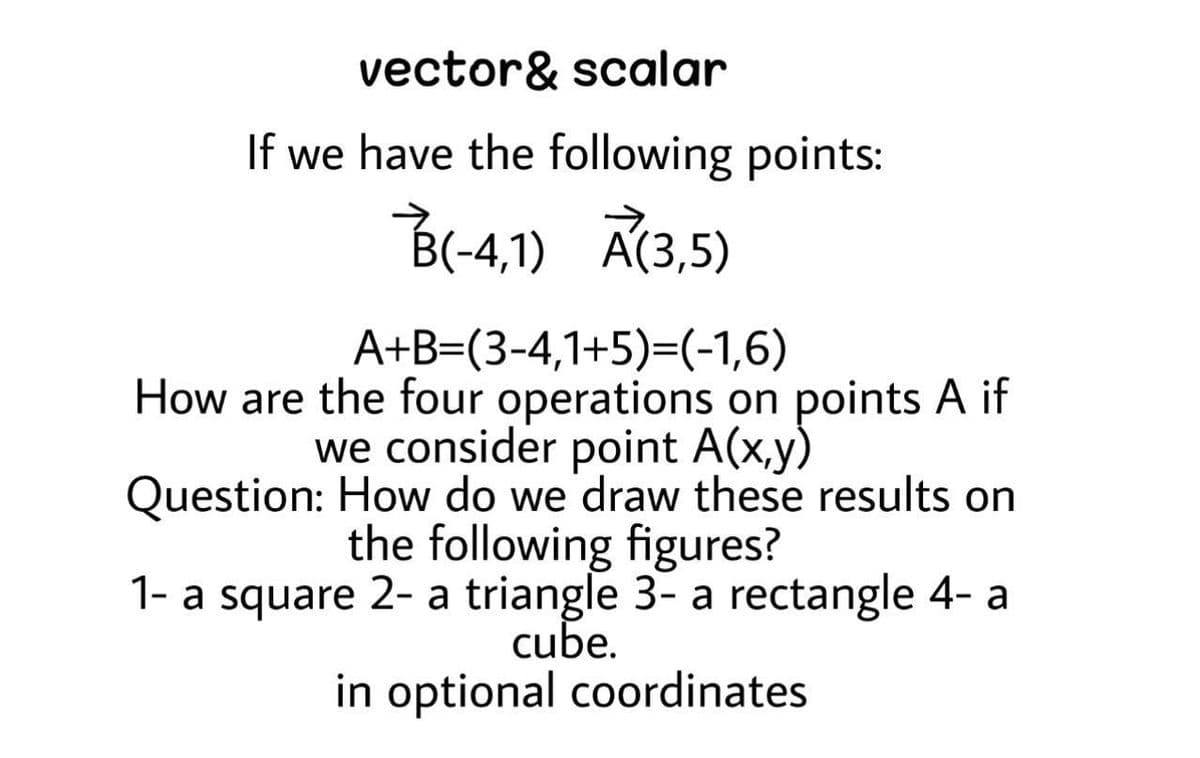 vector& scalar
If we have the following points:
B(-4,1) A(3,5)
A+B=(3-4,1+5)=(-1,6)
How are the four operations on points A if
we consider point A(x,y)
Question: How do we draw these results on
the following figures?
1- a square 2- a triangle 3- a rectangle 4- a
cube.
in optional coordinates
