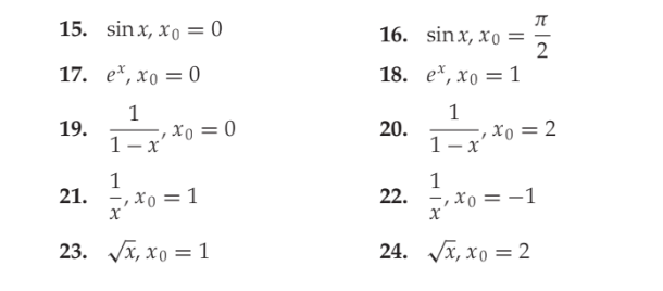 15. sin x, xo = 0
16. sinx, xo =
17. e*, xo = 0
18. е*, Хо — 1
1
1
xo = 0
1-x
20. Xo =2
19.
1
1
21. -, xo = 1
1
22. -, xo = -1
x, xo = 1
24. JX, xo = 2

