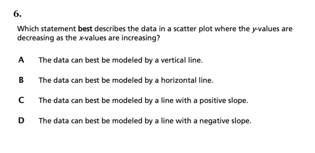 6.
Which statement best describes the data in a scatter plot where the y-values are
decreasing as the x-values are increasing?
A
The data can best be modeled by a vertical line.
В
The data can best be modeled by a horizontal line.
The data can best be modeled by a line with a positive slope.
D
The data can best be modeled by a line with a negative slope.
