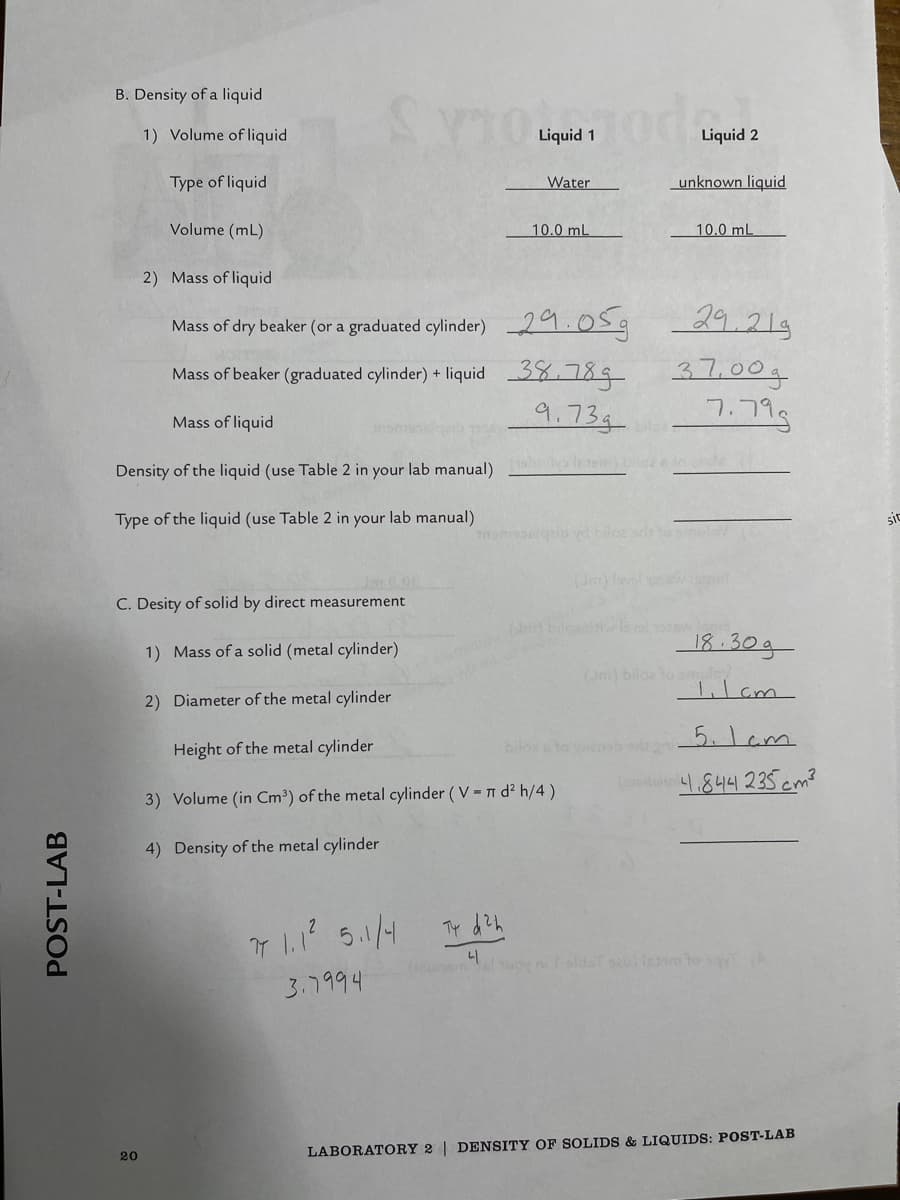 B. Density of a liquid
1) Volume of liquid
Liquid 1
Liquid 2
Type of liquid
Water
unknown liquid
Volume (mL)
10.0 mL
10.0 ml
2) Mass of liquid
Mass of dry beaker (or a graduated cylinder) 29.05q
29.219
Mass of beaker (graduated cylinder) + liquid 38.789 3 l,00g
ור .ר
9.73g
Mass of liquid
Density of the liquid (use Table 2 in your lab manual)
Type of the liquid (use Table 2 in your lab manual)
sic
C. Desity of solid by direct measurement
r biloa lol
1) Mass of a solid (metal cylinder)
18.30g
(Jm) biloe touley
2) Diameter of the metal cylinder
5.1am
Height of the metal cylinder
bilos to
4,8441 235 cm?
3) Volume (in Cm³) of the metal cylinder ( V = n d? h/4)
4) Density of the metal cylinder
Ty d?h
7 1.1 5.1/4
니
3.7994
20
LABORATORY 2 | DENSITY OF SOLIDS & LIQUIDS: POST-LAB
POST-LAB
