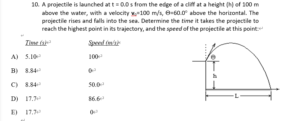 10. A projectile is launched at t = 0.0 s from the edge of a cliff at a height (h) of 100 m
above the water, with a velocity vo-100 m/s, O=60.0° above the horizontal. The
projectile rises and falls into the sea. Determine the time it takes the projectile to
reach the highest point in its trajectory, and the speed of the projectile at this point:e
Time (s)
Speed (m/s)<
A)
5.10
100
В)
8.84
h
C)
8.84
50.0
D)
17.7
86.6
E)
17.7
