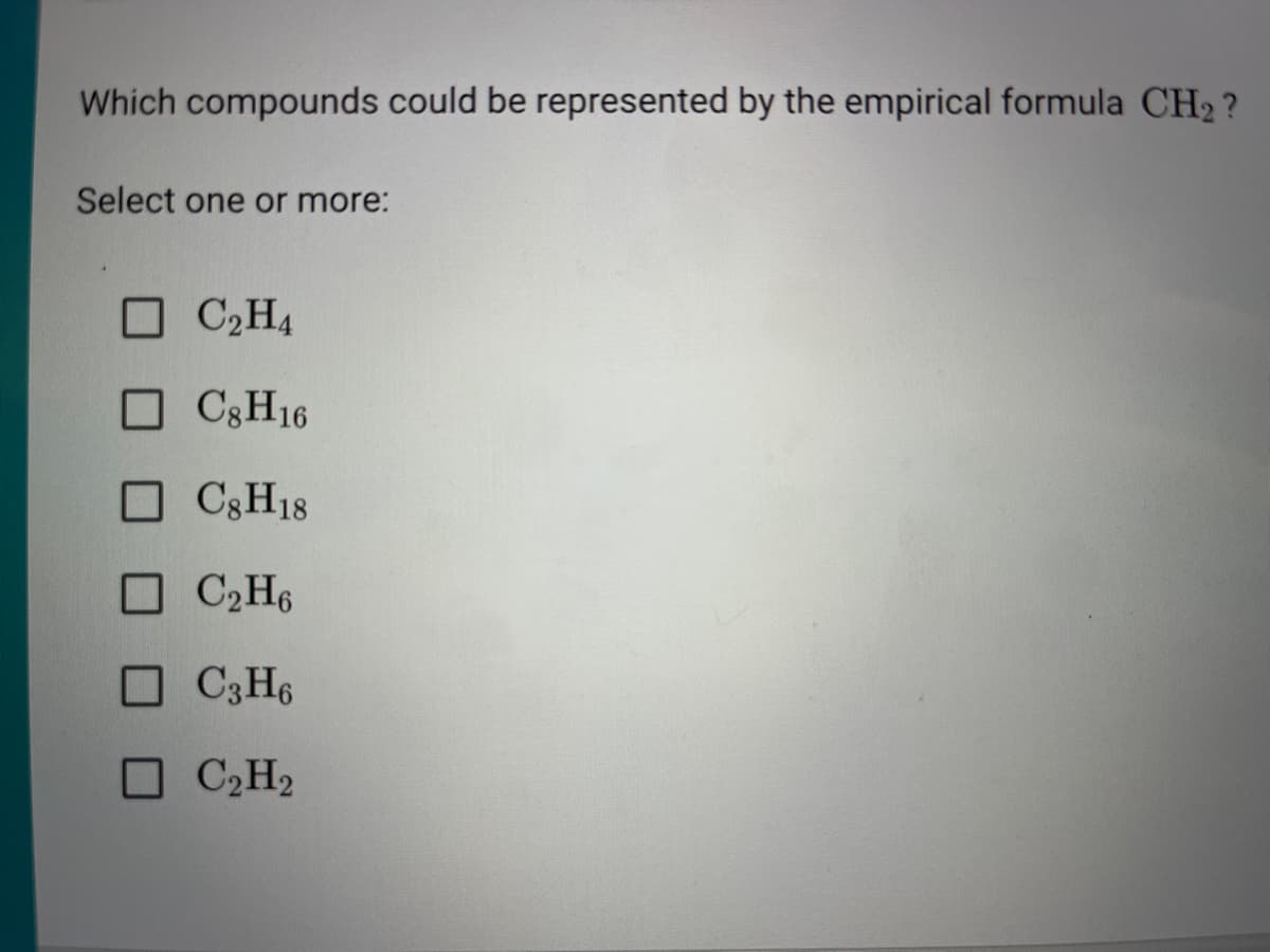 Which compounds could be represented by the empirical formula CH2?
Select one or more:
O C2H4
O C3H16
O C;H18
O C,H6
O C3H6
O C,H2
