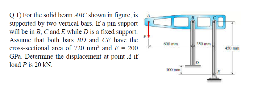 Q.1) For the solid beam ABC shown in figure, is
supported by two vertical bars. If a pin support
will be in B, C and E while D is a fixed support.
Assume that both bars BD and CE have the
600 mm
350 mm
cross-sectional area of 720 mm? and E = 200
450 mm
GPa. Determine the displacement at point A if
load P is 20 kN.
100 mm
