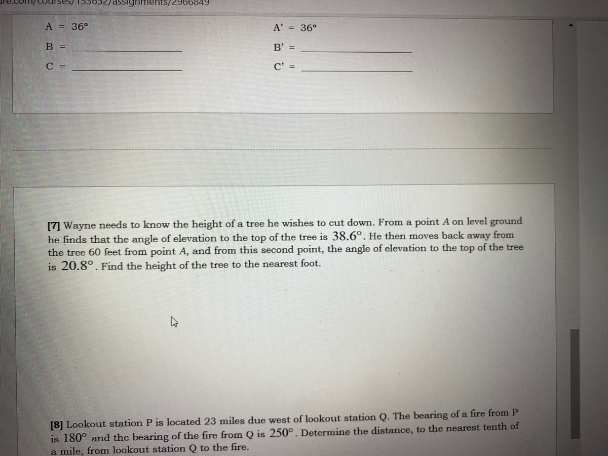 /assighments/2966849
A = 36°
A' = 36°
B =
B’ =
C =
C =
[7] Wayne needs to know the height of a tree he wishes to cut down. From a point A on level ground
he finds that the angle of elevation to the top of the tree is 38.6°. He then moves back away from
the tree 60 feet from point A, and from this second point, the angle of elevation to the top of the tree
is 20.8°. Find the height of the tree to the nearest foot.
[8] Lookout station P is located 23 miles due west of lookout station Q. The bearing of a fire from P
is 180° and the bearing of the fire from Q is 250°. Determine the distance, to the nearest tenth of
a mile, from lookout station Q to the fire.
