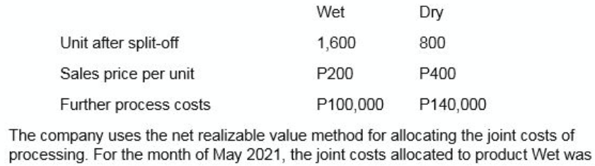 Wet
Dry
Unit after split-off
1,600
800
Sales price per unit
P200
P400
Further process costs
P100,000
P140,000
The company uses the net realizable value method for allocating the joint costs of
processing. For the month of May 2021, the joint costs allocated to product Wet was
