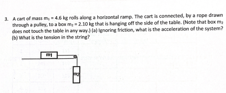 3. A cart of mass m = 4.6 kg rolls along a horizontal ramp. The cart is connected, by a rope drawn
through a pulley, to a box m2 = 2.10 kg that is hanging off the side of the table. (Note that box m2
does not touch the table in any way.) (a) Ignoring friction, what is the acceleration of the system?
(b) What is the tension in the string?
m1
m2
