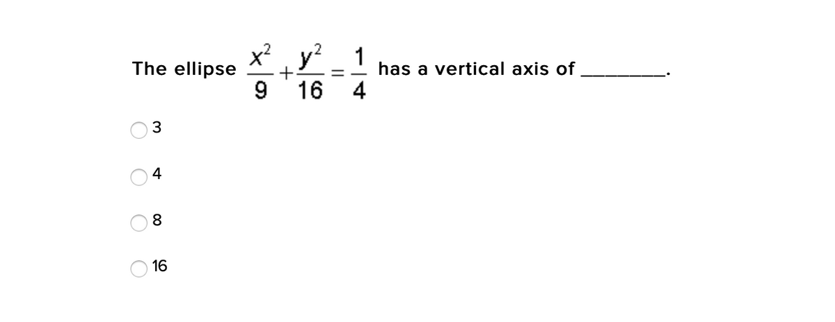 The ellipse
3
4
8
16
O
O
O
x²
9
+
y²
1
=
16 4
has a vertical axis of