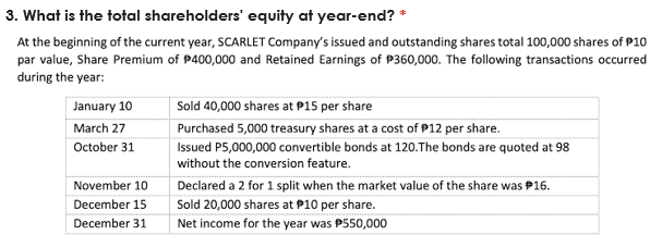 3. What is the total shareholders' equity at year-end? *
At the beginning of the current year, SCARLET Company's issued and outstanding shares total 100,000 shares of P10
par value, Share Premium of P400,000 and Retained Earnings of P360,000. The following transactions occurred
during the year:
January 10
Sold 40,000 shares at P15 per share
March 27
Purchased 5,000 treasury shares at a cost of P12 per share.
October 31
Issued P5,000,000 convertible bonds at 120.The bonds are quoted at 98
without the conversion feature.
November 10
Declared a 2 for 1 split when the market value of the share was P16.
December 15
Sold 20,000 shares at P10 per share.
December 31
Net income for the year was P550,000
