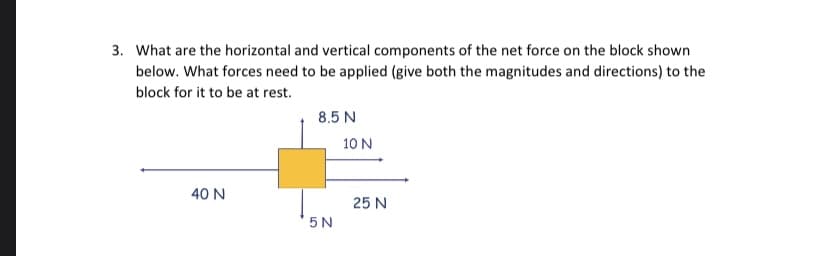 3. What are the horizontal and vertical components of the net force on the block shown
below. What forces need to be applied (give both the magnitudes and directions) to the
block for it to be at rest.
8.5 N
10 N
40 N
25 N
5 N
