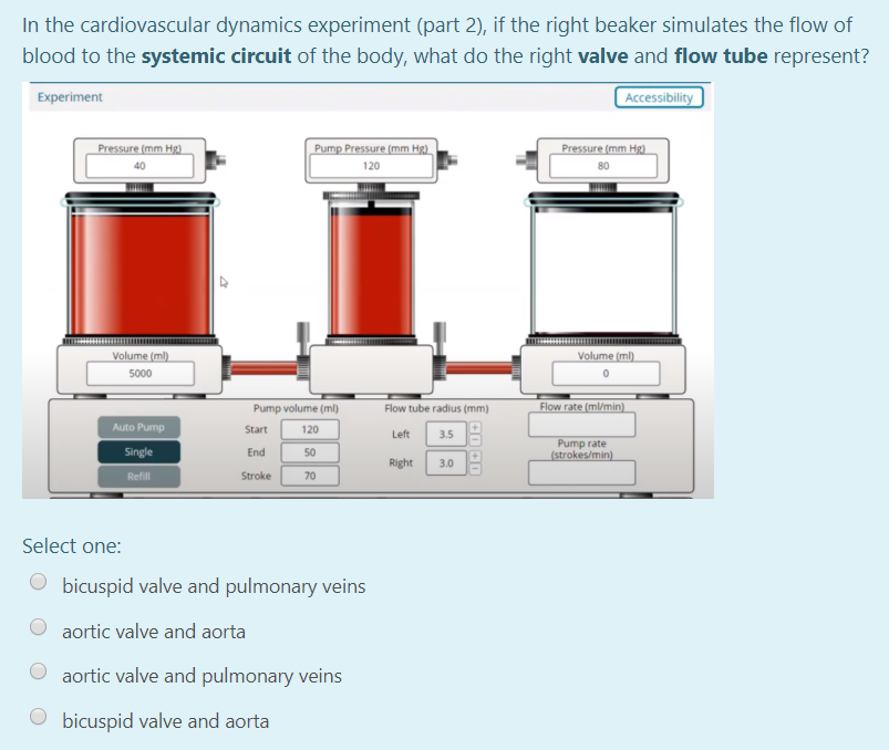 In the cardiovascular dynamics experiment (part 2), if the right beaker simulates the flow of
blood to the systemic circuit of the body, what do the right valve and flow tube represent?
Experiment
Accessibility
Pressure (mm Hg).
Pump Pressure (mm Hg)
Pressure (mm Hg)
120
Volume (ml).
Volume (ml).
5000
Pump volume (ml)
Flow tube radius (mm)
Flow rate (ml/min)
Auto Pump
Start
120
Left
3.5
Pump rate
(strokes/min)
Single
End
50
Right
3.0
Refill
Stroke
70
Select one:
O bicuspid valve and pulmonary veins
aortic valve and aorta
O aortic valve and pulmonary veins
bicuspid valve and aorta
