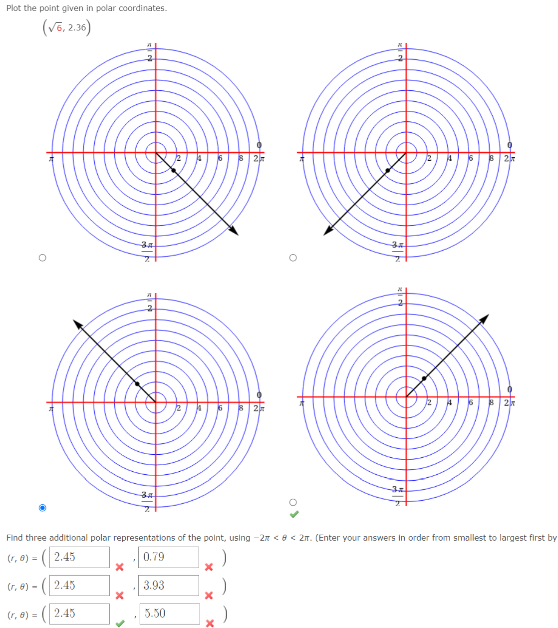 Plot the point given in polar coordinates.
(Võ, 2.36)
27
37
6
6
37
37
Find three additional polar representations of the point, using -2n < 0 < 2n. (Enter your answers in order from smallest to largest first by
(r, 8) = (| 2.45
0.79
(r, 8) =
( 2.45
3.93
(r, 0) =
- ( | 2.45
5.50
