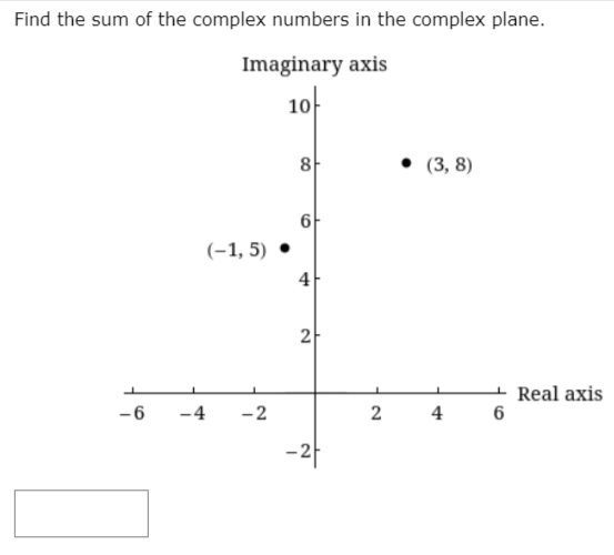 Find the sum of the complex numbers in the complex plane.
Imaginary axis
10-
(3, 8)
(-1, 5) •
4
Real axis
-6
-4
-2
2
-가
4,
6.
2.
