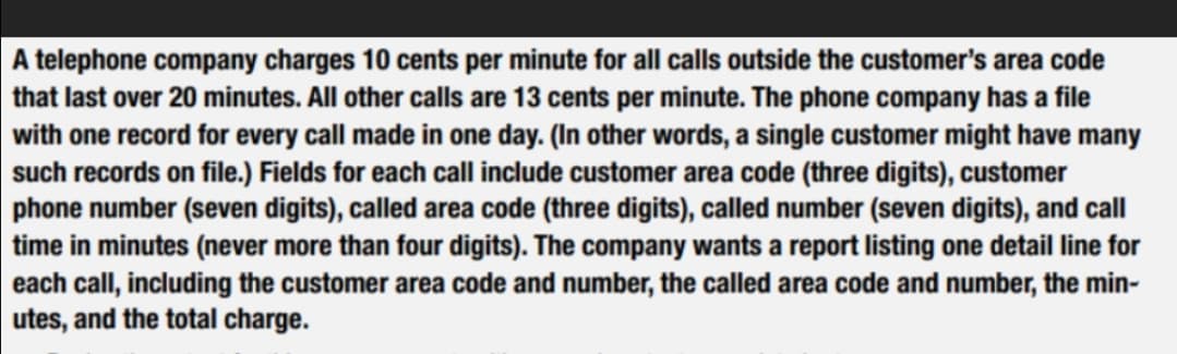 A telephone company charges 10 cents per minute for all calls outside the customer's area code
that last over 20 minutes. All other calls are 13 cents per minute. The phone company has a file
with one record for every call made in one day. (In other words, a single customer might have many
such records on file.) Fields for each call include customer area code (three digits), customer
phone number (seven digits), called area code (three digits), called number (seven digits), and call
time in minutes (never more than four digits). The company wants a report listing one detail line for
each call, including the customer area code and number, the called area code and number, the min-
utes, and the total charge.
