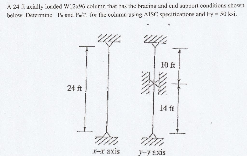 A 24 ft axially loaded W12x96 column that has the bracing and end support conditions shown
below. Determine Pn and Pn/2 for the column using AISC specifications and Fy 50 ksi.
10 ft
24 ft
14 ft
X-raxis
y-y axis
