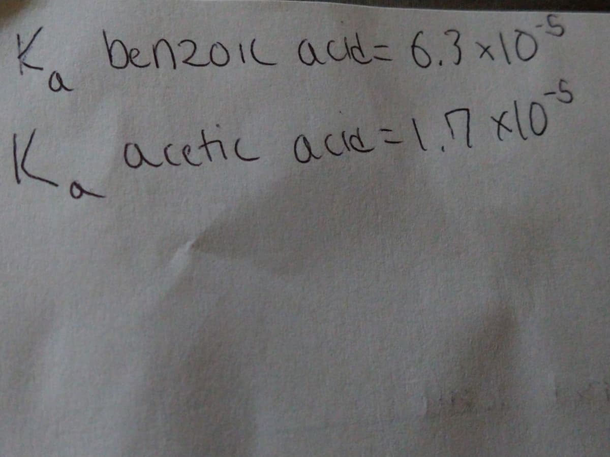 K. benzoil acid= 6.3 x10
-5
acetic acie= .7 x10"
Ko
