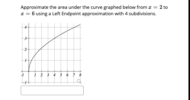 Approximate the area under the curve graphed below from a = 2 to
x = 6 using a Left Endpoint approximation with 4 subdivisions.
4t
4
5 6
7 8
2.

