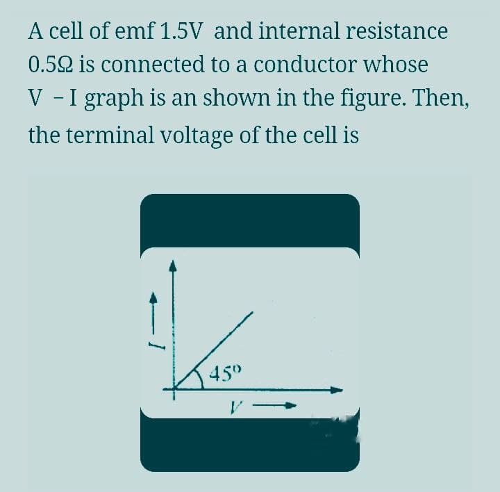 A cell of emf 1.5V and internal resistance
0.52 is connected to a conductor whose
V - I graph is an shown in the figure. Then,
the terminal voltage of the cell is
45°
