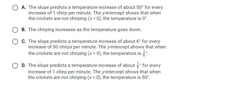 O A. The slope predicts a temperature increase of about 50° for every
increase of 1 chirp per minute. The y-intercept shows that when
the crickets are not chirping (x = 0), the temperature is 0°.
B. The chirping increases as the temperature goes down.
C. The slope predicts a temperature increase of about 6° for every
increase of 50 chirps per minute. The y-intercept shows that when
the crickets are not chirping (x = 0), the temperature is .
D. The slope predicts a temperature increase of about ° for every
increase of 1 chirp per minute. The y-intercept shows that when
the crickets are not chirping (x = 0), the temperature is 50°.

