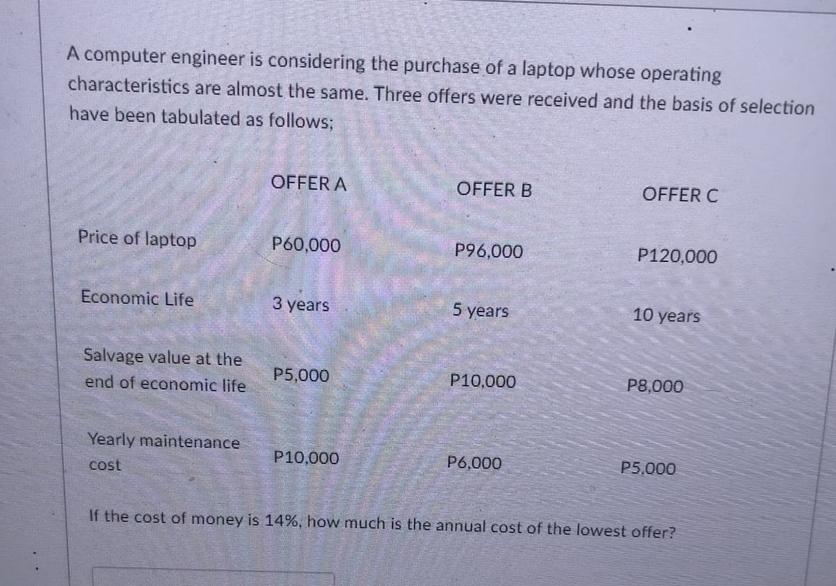 A computer engineer is considering the purchase of a laptop whose operating
characteristics are almost the same. Three offers were received and the basis of selection
have been tabulated as follows;
OFFER A
OFFER B
OFFER C
Price of laptop
P60,000
P96,000
P120,000
Economic Life
3 years
5 years
10 years
Salvage value at the
P5,000
Р10,000
P8,000
end of economic life
Yearly maintenance
Р10,000
P6,000
P5,000
cost
If the cost of money is 14%, how much is the annual cost of the lowest offer?
