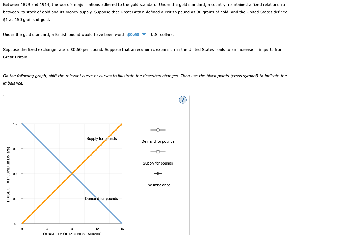Between 1879 and 1914, the world's major nations adhered to the gold standard. Under the gold standard, a country maintained a fixed relationship
between its stock of gold and its money supply. Suppose that Great Britain defined a British pound as 90 grains of gold, and the United States defined
$1 as 150 grains of gold.
Under the gold standard, a British pound would have been worth $0.60
Suppose the fixed exchange rate is $0.60 per pound. Suppose that an economic expansion in the United States leads to an increase in imports from
Great Britain.
On the following graph, shift the relevant curve or curves to illustrate the described changes. Then use the black points (cross symbol) to indicate the
imbalance.
1.2
0
Supply for pounds
4
Demand for pounds
12
QUANTITY OF POUNDS (Millions)
U.S. dollars.
16
Demand for pounds
Supply for pounds
+
The Imbalance
(?