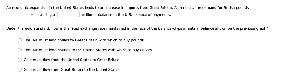 An economic expansion in the United States leads to an increase in imports from Great Britain. As a result, the demand for British pounds
causing a
million imbalance in the U.S. balance of payments.
Under the gold standard, how is the fixed exchange rate maintained in the face of the balance-of-payments imbalance shown on the previous graph?
O The IMF must lend dollars to Great Britain with which to buy pounds.
O The IMF must lend pounds to the United States with which to buy dollars.
O Gold must flow from the United States to Great Britain.
O Gold must flow from Great Britain to the United States.