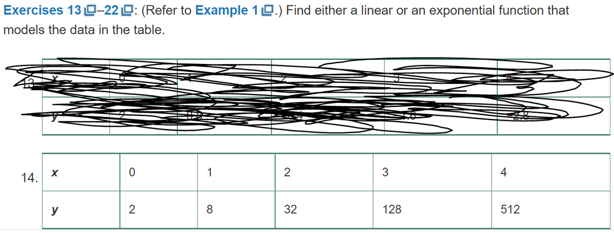 Exercises 13 0-220: (Refer to Example 1 0.) Find either a linear or an exponential function that
models the data in the table.
1
2
3
4
14.
y
2
8.
32
128
512
