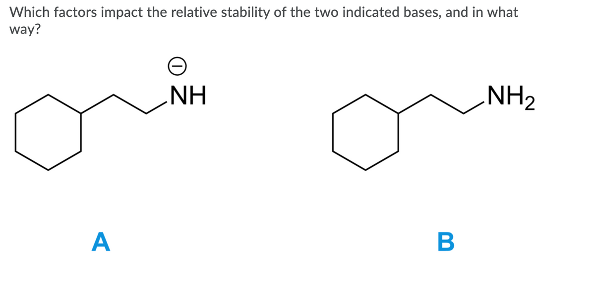 Which factors impact the relative stability of the two indicated bases, and in what
way?
NH
NH2
A
B
