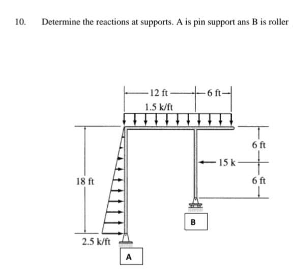 10. Determine the reactions at supports. A is pin support ans B is roller
18 ft
LE
2.5 k/ft
A
12 ft-
1.5 k/ft
6 ft-
tont
B
15 k
6 ft
6 ft