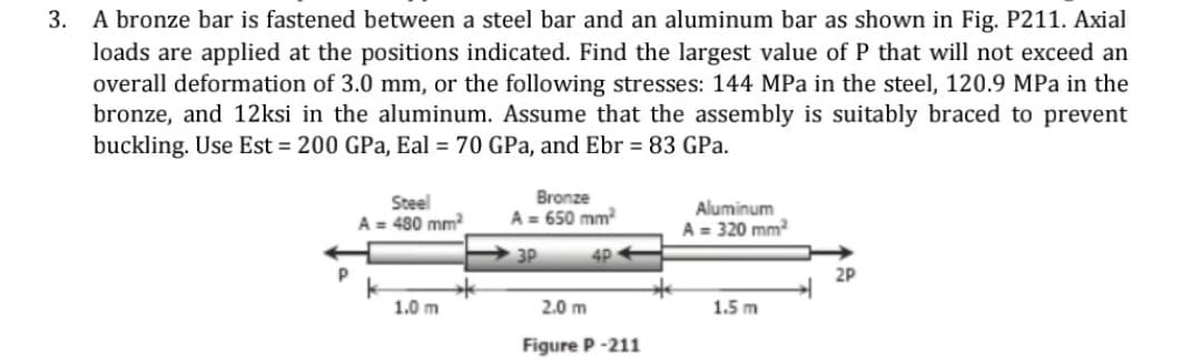 3. A bronze bar is fastened between a steel bar and an aluminum bar as shown in Fig. P211. Axial
loads are applied at the positions indicated. Find the largest value of P that will not exceed an
overall deformation of 3.0 mm, or the following stresses: 144 MPa in the steel, 120.9 MPa in the
bronze, and 12ksi in the aluminum. Assume that the assembly is suitably braced to prevent
buckling. Use Est = 200 GPa, Eal = 70 GPa, and Ebr = 83 GPa.
Bronze
Steel
A = 480 mm?
Aluminum
A = 650 mm
A = 320 mm
3P
4P +
2P
1.0 m
2.0 m
1.5 m
Figure P-211
