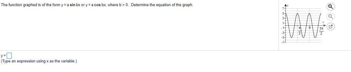 The function graphed is of the form y = a sin bx or y = a cos bx, where b> 0. Determine the equation of the graph.
5-
(Type an expression using x as the variable.)
