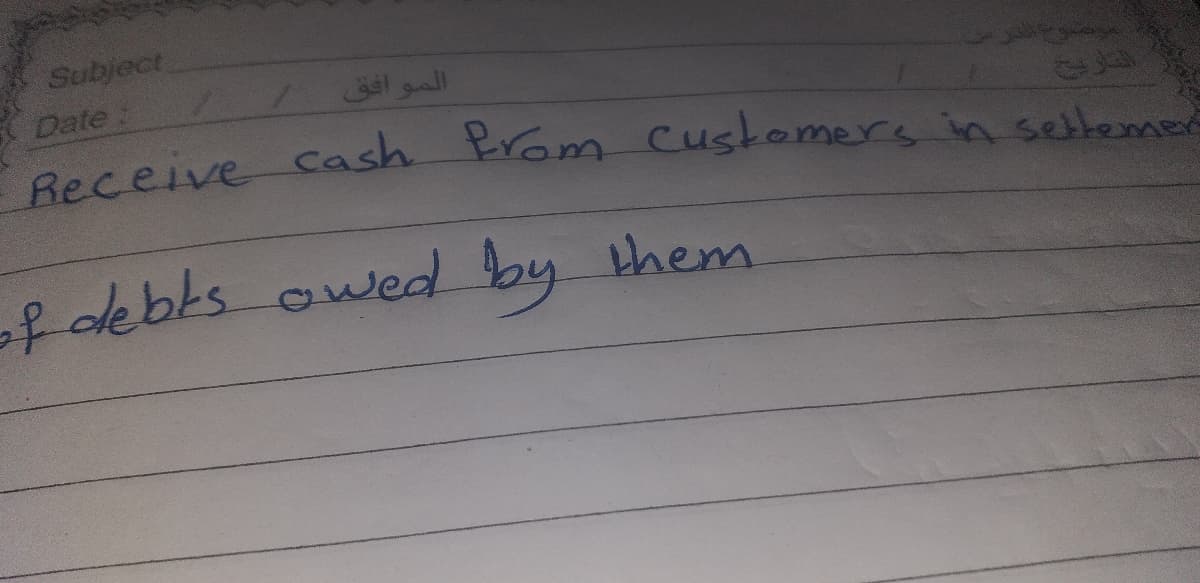 Subject
Date:
Receive cash Brom Cuskomers in settemer
f debks owed by them
