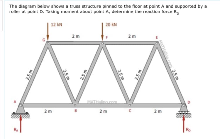 The diagram below shows a truss structure pinned to the floor at point A and supported by a
roller at point D. Taking moment about point A, determine the reaction force R,
12 kN
20 kN
2 m
2 m
MATHalino.com
2 m
2 m
2 m
Ro
RA
2.5 m
2.5 m
2.5 m
2.5 m
