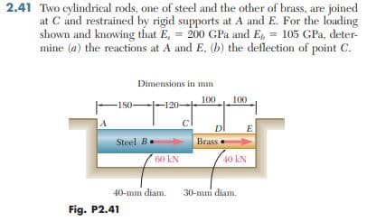 2.41 Two cylindrical rods, one of steel and the other of brass, are joined
at C and restrained by rigid supports at A and E. For the loading
shown and knowing that E, = 200 GPa and E, = 105 GPa, deter-
mine (a) the reactions at A and E, (b) the deflection of point C.
Dimensions in mm
100
100
-150--120-
A
DI
E
Steel B.
Brass
60 kN
40 kN
40-mm diam.
30-mm diam.
Fig. P2.41
